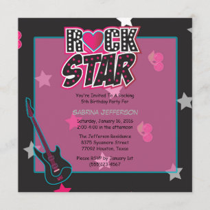 Girl 5x5 Pink Rock Star Birthday Party Invitation Kaart