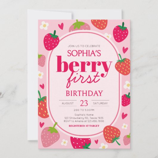 Girl aardbery Berry First Birthday Party Kaart (Voorkant)