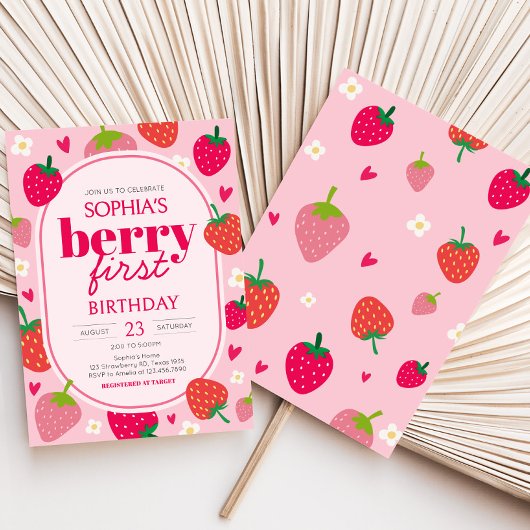 Girl aardbery Berry First Birthday Party Kaart