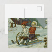 Girl and boy enjoy a sleigh ride illustration briefkaart (Voorkant / Achterkant)