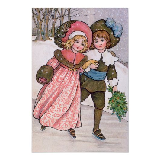 Girl and boy ice skating - Florence Hardy Perfect Poster (Voorkant)