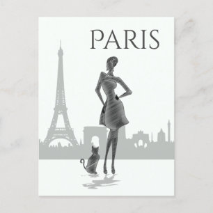 Girl and Cat in Parijs met Eiffel Tower Grey Briefkaart
