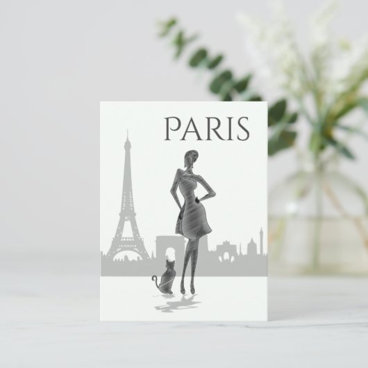 Girl and Cat in Parijs met Eiffel Tower Grey Briefkaart (Staand voorkant)