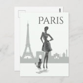 Girl and Cat in Parijs met Eiffel Tower Grey Briefkaart (Voorkant / Achterkant)