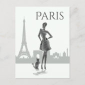 Girl and Cat in Parijs met Eiffel Tower Grey Briefkaart (Voorkant)