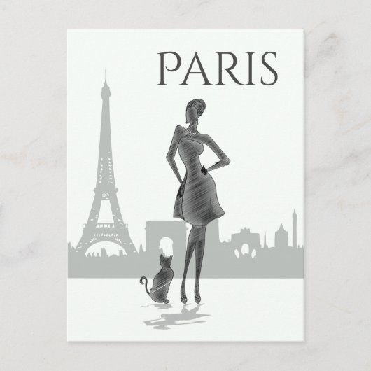 Girl and Cat in Parijs met Eiffel Tower Grey Briefkaart (Voorkant)