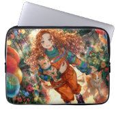 Girl and kittens on joyful walk laptop sleeve (Voorkant)