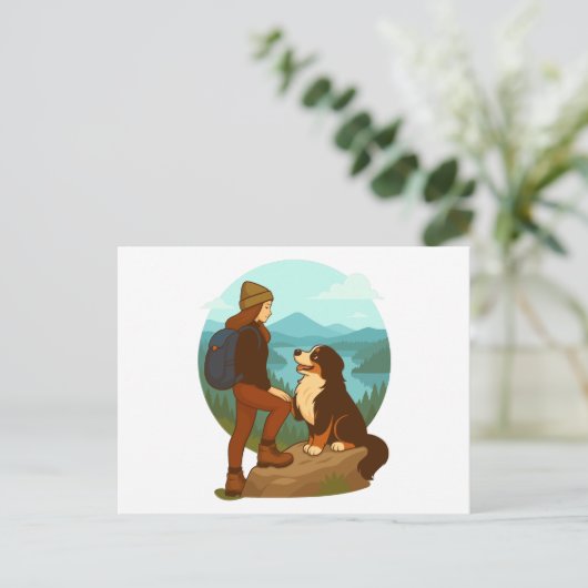 Girl and Mountain Dog Adventure Illustration Briefkaart (Staand voorkant)
