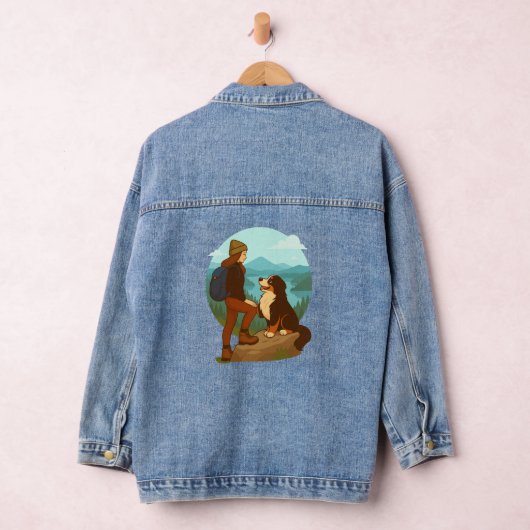 Girl and Mountain Dog Adventure Illustration Denim Jacket (Hangar)