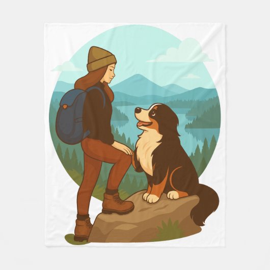 Girl and Mountain Dog Adventure Illustration Fleece Deken (Voorkant)