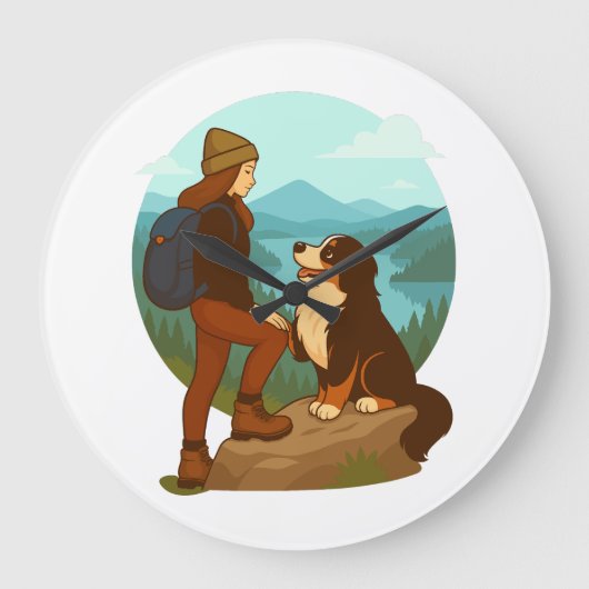 Girl and Mountain Dog Adventure Illustration Grote Klok (Voorkant)