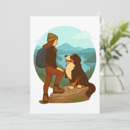 Girl and Mountain Dog Adventure Illustration Kaart (Staand voorkant)