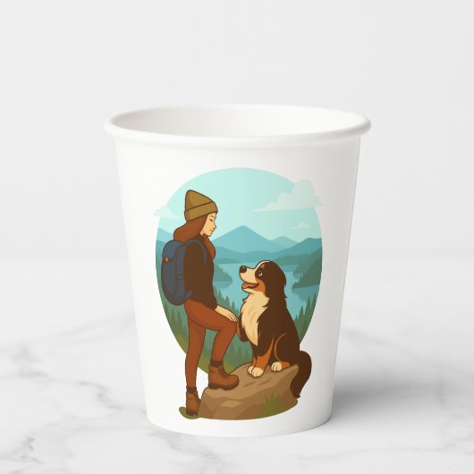 Girl and Mountain Dog Adventure Illustration Papieren Bekers (Achterkant)