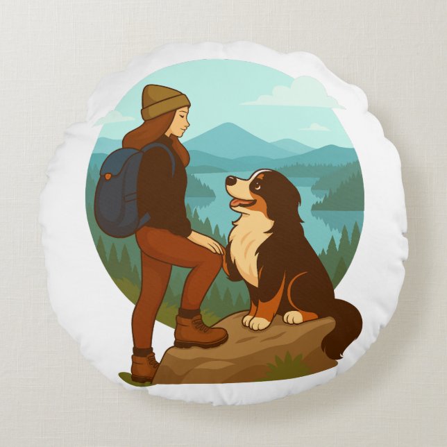 Girl and Mountain Dog Adventure Illustration Rond Kussen (Voorkant)