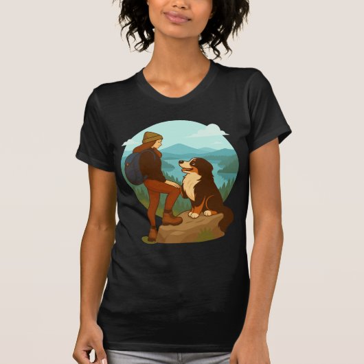 Girl and Mountain Dog Adventure Illustration T-shirt (Voorkant)