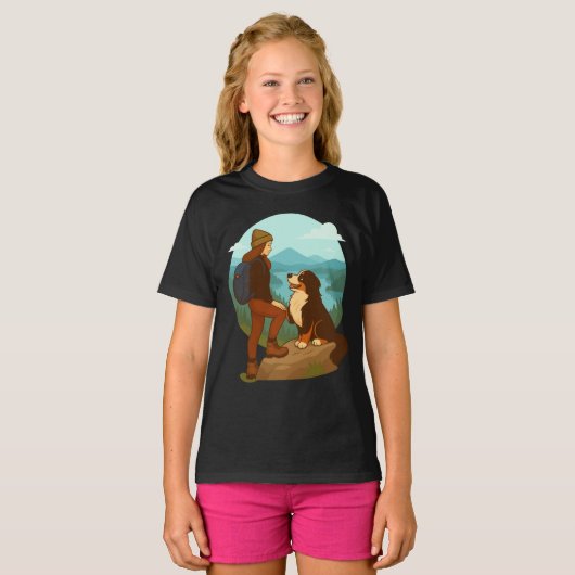 Girl and Mountain Dog Adventure Illustration T-shirt (Voorkant volledig)