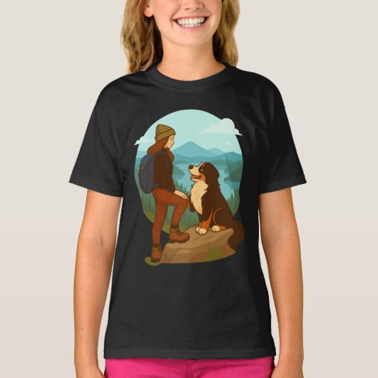 Girl and Mountain Dog Adventure Illustration T-shirt (Voorkant)