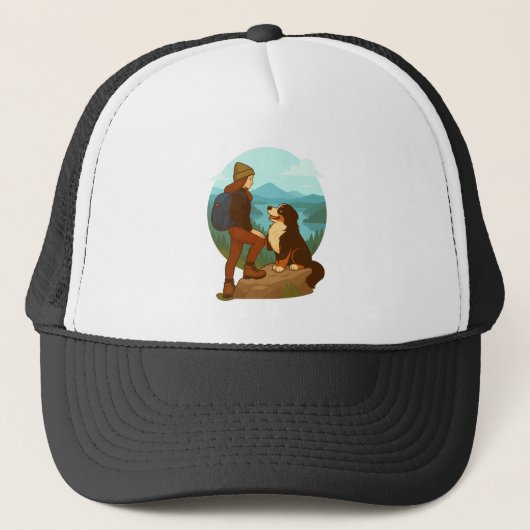 Girl and Mountain Dog Adventure Illustration Trucker Pet (Voorkant)