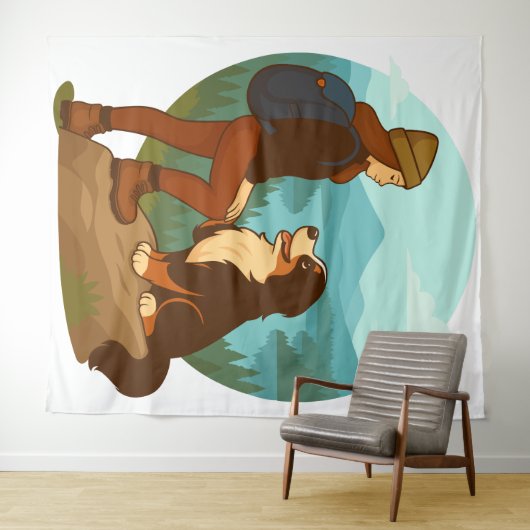 Girl and Mountain Dog Adventure Illustration Wandkleed (In Situ (horizontaal))