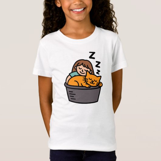 Girl and Orange Cat Sleeping in Bucket T-shirt (Voorkant)