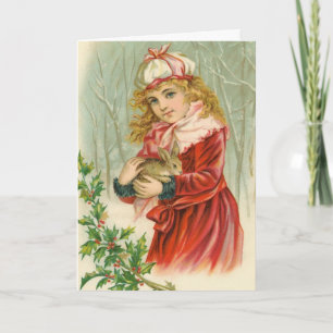 Girl and Rabbit Vintage Christmas Feestdagen Kaart