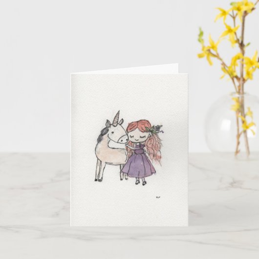 Girl and Unicorn Small Kaart (Gele Bloem)