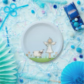 Girl Angel en Lamb, blauw, religieus Papieren Bordje (Feest)