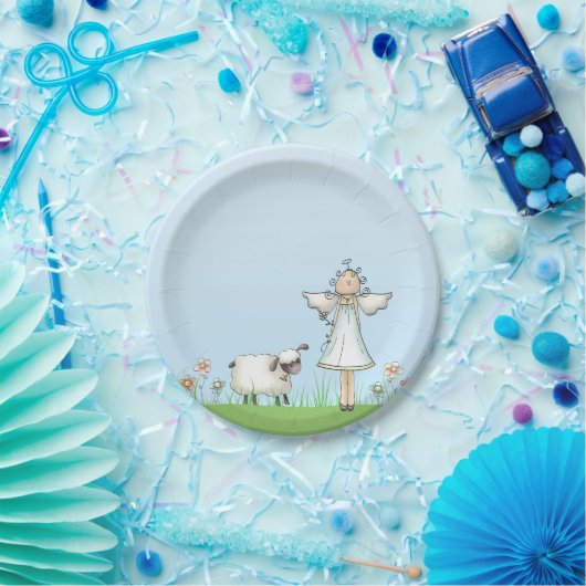 Girl Angel en Lamb, blauw, religieus Papieren Bordje (Feest)