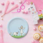 Girl Angel en Lamb, blauw, religieus Papieren Bordje (Feest)
