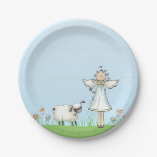 Girl Angel en Lamb, blauw, religieus Papieren Bordje