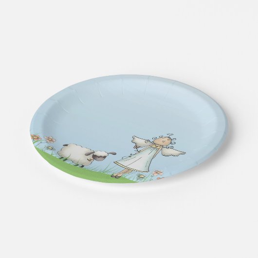 Girl Angel en Lamb, blauw, religieus Papieren Bordje (Gekanteld)
