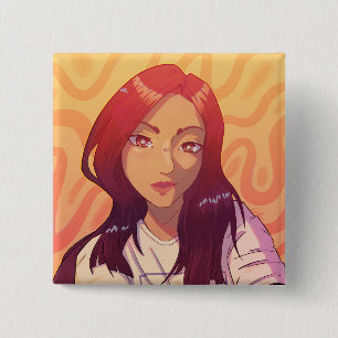 Girl, anime, red. vierkante button 5,1 cm