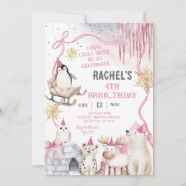 Girl Arctic Animals Birthday Party Invitation Kaart