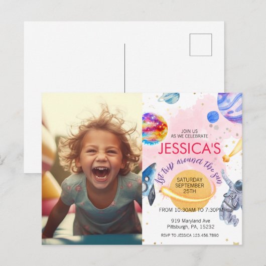 Girl Astronaut Buitenspace Rocket Planet Briefkaart (Voorkant / Achterkant)