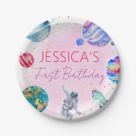 Girl Astronaut Gold Pink Rocket Ship Planet Papieren Bordje