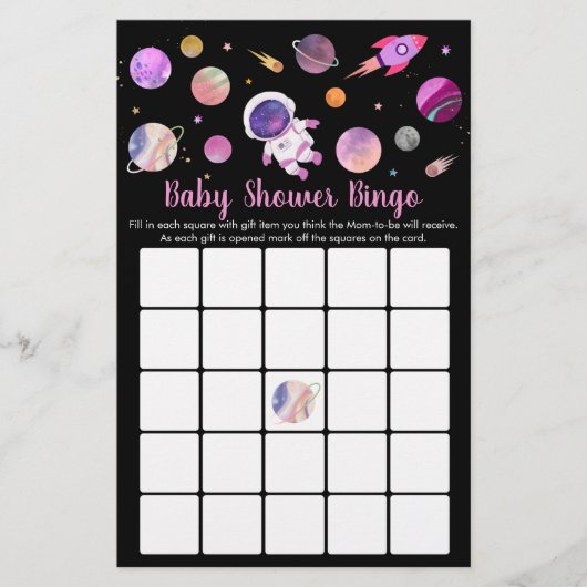 Girl Astronaut Outer Space Baby shower Bingo (Voorkant)
