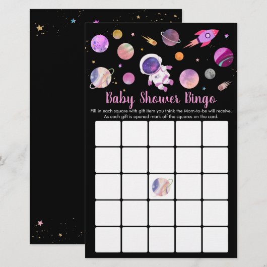 Girl Astronaut Outer Space Baby shower Bingo (Voorkant / Achterkant)