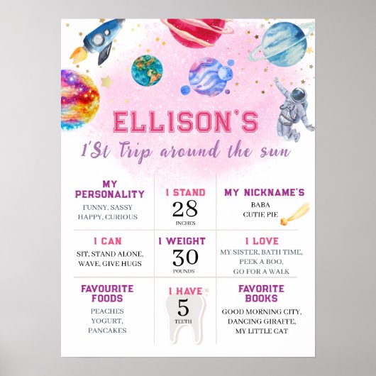 Girl Astronaut Space First Birthday Milestone Poster (Voorkant)