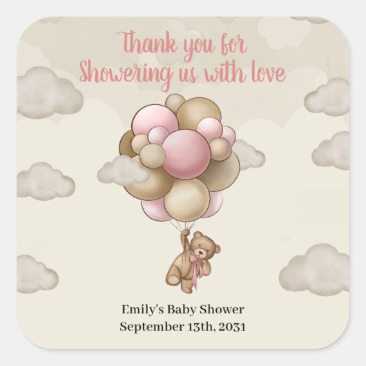 Girl baby beer roze bruine ballonnen baby shower vierkante sticker (Voorkant)