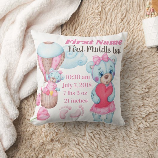 Girl Baby Birth Announcement Pillow Teddy Bear Kussen (Deken)