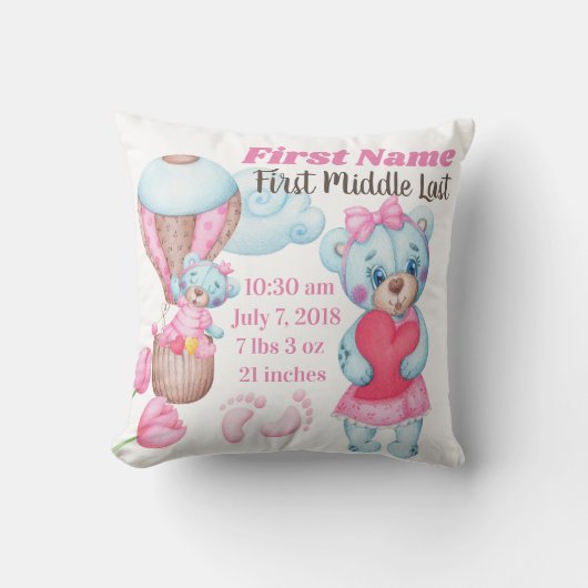 Girl Baby Birth Announcement Pillow Teddy Bear Kussen (Voorkant)