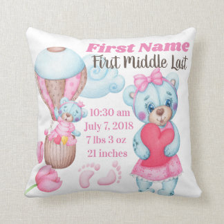 Girl Baby Birth Announcement Pillow Teddy Bear Kussen