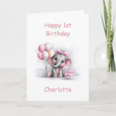 Girl Baby Elephant 1st Birthday Kaart (Voorkant)