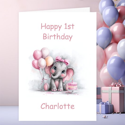 Girl Baby Elephant 1st Birthday Kaart