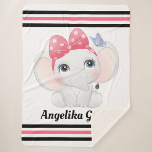 Girl Baby Elephant met Bow Custom Name Sherpa Deken