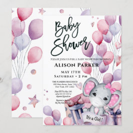 Girl Baby Elephant Pink Balloons Cute Baby shower Kaart