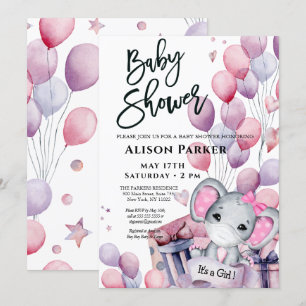 Girl Baby Elephant Pink Balloons Cute Baby shower Kaart