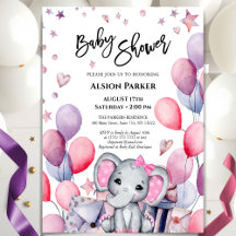 Girl Baby Elephant Pink Balloons Cute Baby shower