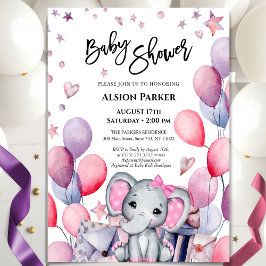 Girl Baby Elephant Pink Balloons Cute Baby shower Kaart