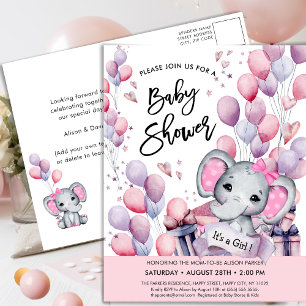 Girl Baby Elephant Pink Balloons Cute Baby shower Uitnodiging Briefkaart